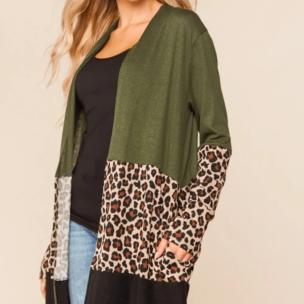 HAPTICS BOHO LEOPARD ANIMAL COLOR BLOCK MEDIUM LONG SLEEVE POCKETS CARDIGAN - Picture 3 of 12